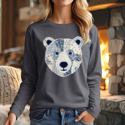 Faux Patchwork Country Winter Bear Long Sleeve Tee