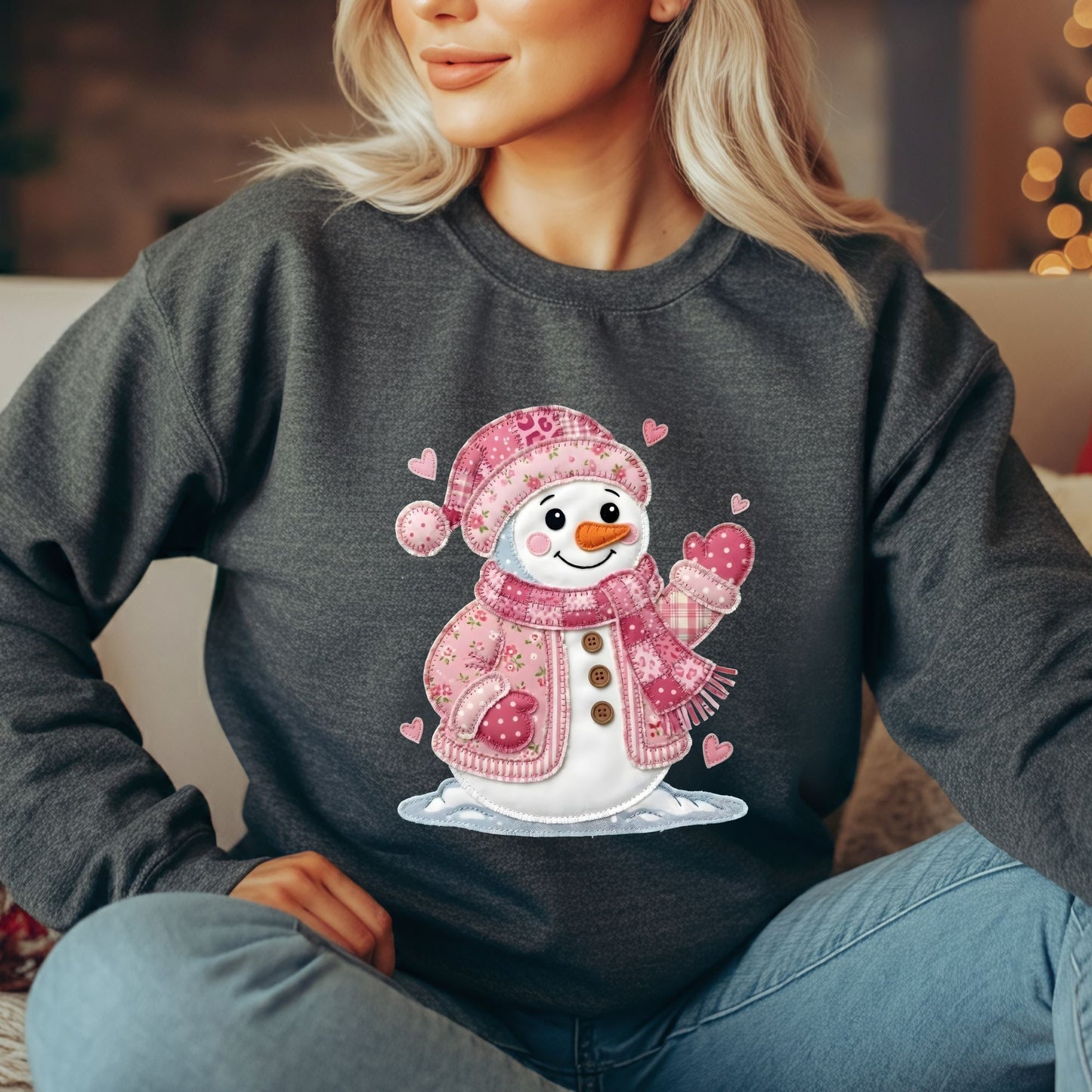 Pink Faux Patchwork Valentine's Snowman Sweatshirt