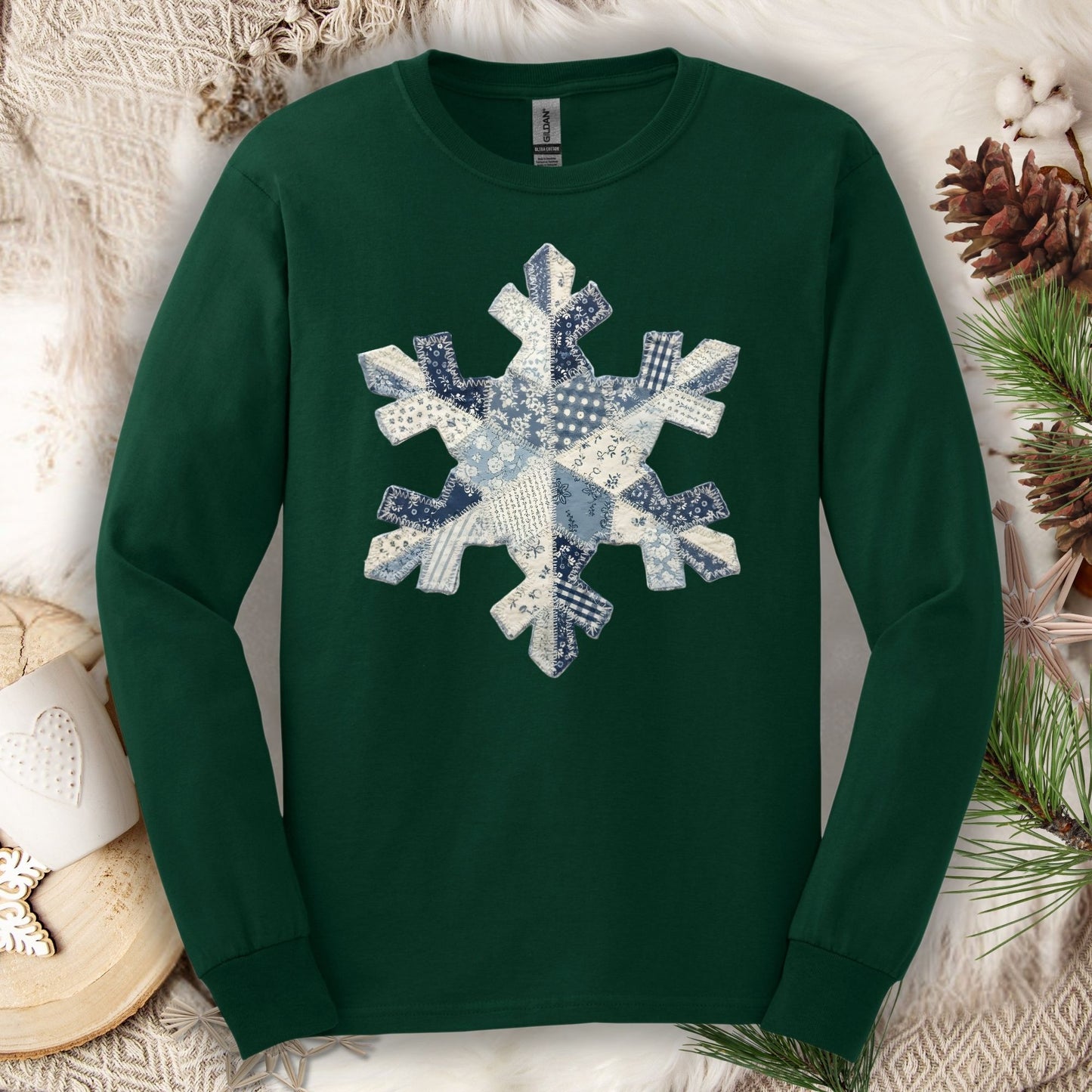 Faux Patchwork Country Snowflake Long Sleeve Tee