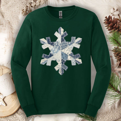 Faux Patchwork Country Snowflake Long Sleeve Tee