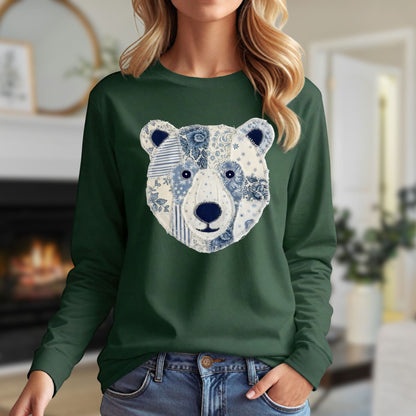 Faux Patchwork Country Winter Bear Long Sleeve Tee