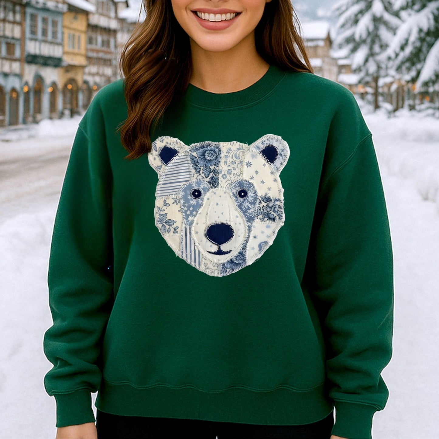 Faux Patchwork Country Winter Bear Sweatshirt