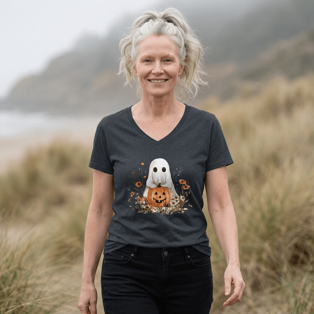 Boho Ghost & Jack-O'-Lantern V-Neck Tee