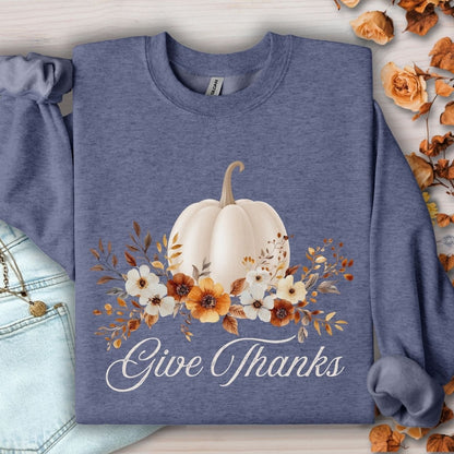 Give Thanks White Floral Pumpkin Sweatshirt