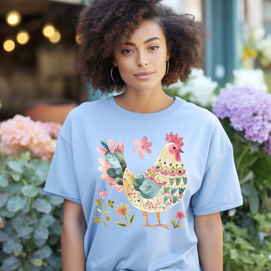 Folk Art Chicken and Flowers T-Shirt