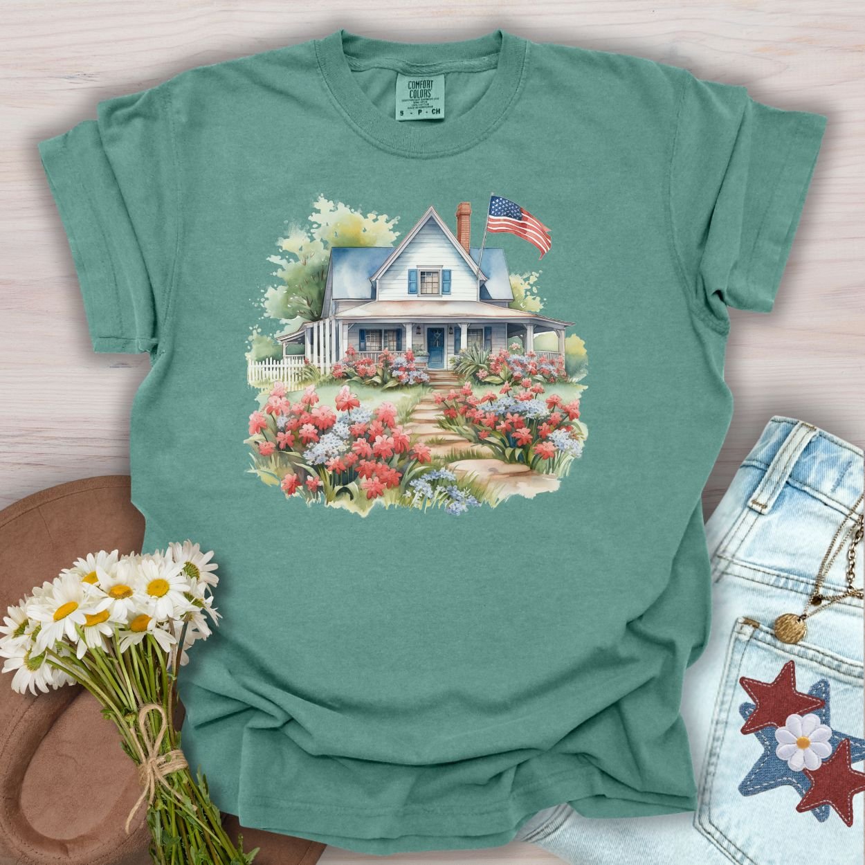 American Patriotic Farmhouse & Flowers T-Shirt