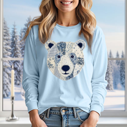 Faux Patchwork Country Winter Bear Long Sleeve Tee