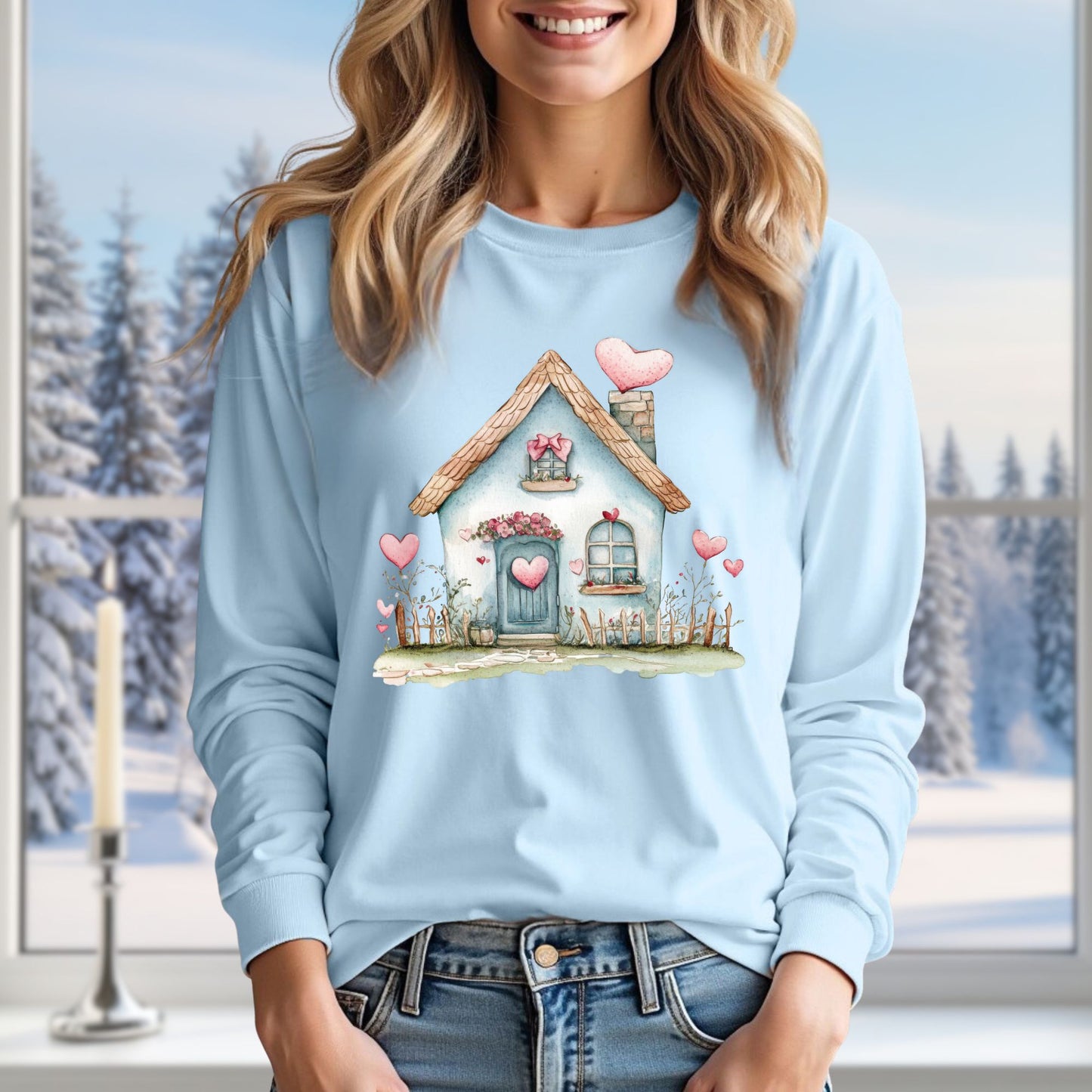 Cute Blue Valentine's Cottage Long Sleeve Tee