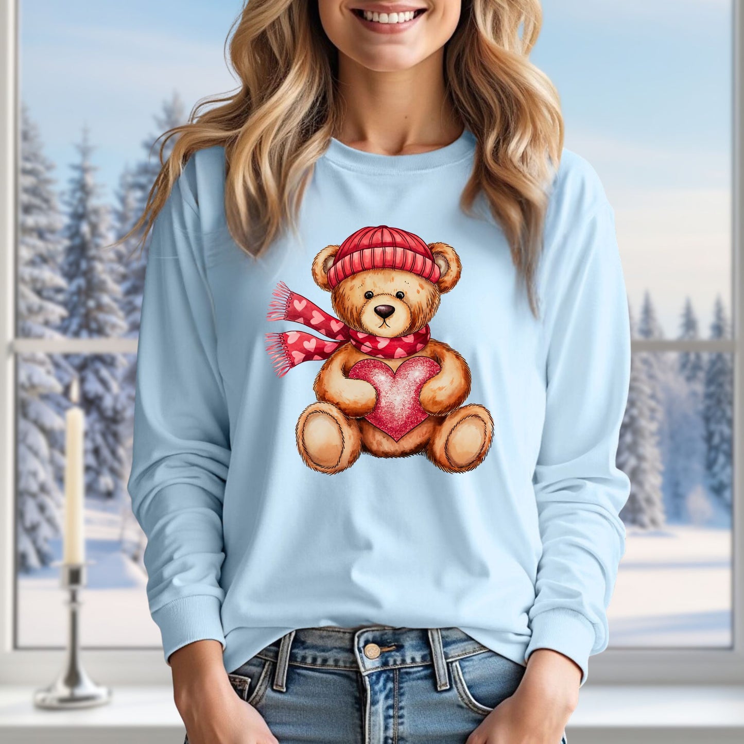 Valentine's Teddy Bear with Heart Long Sleeve Tee