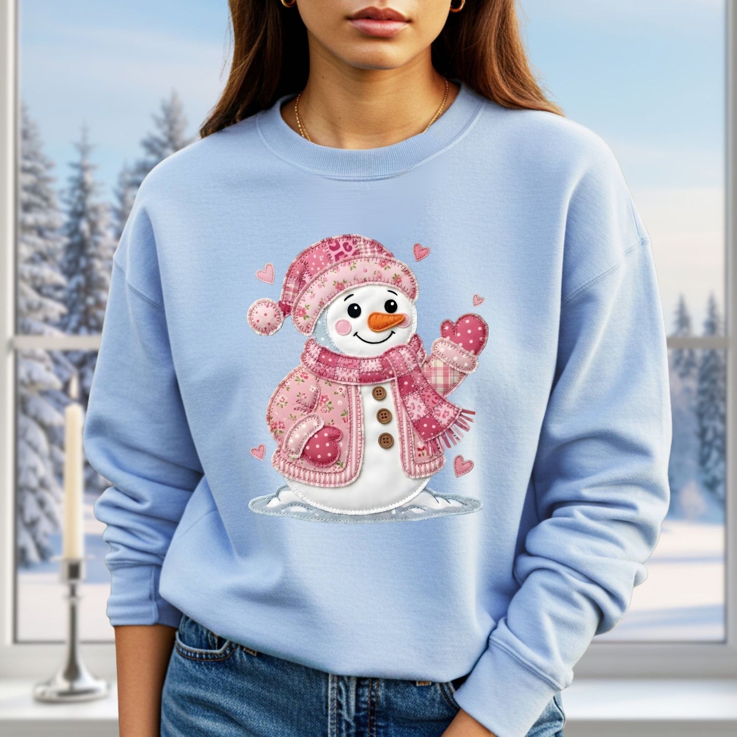 Pink Faux Patchwork Valentine's Snowman Sweatshirt