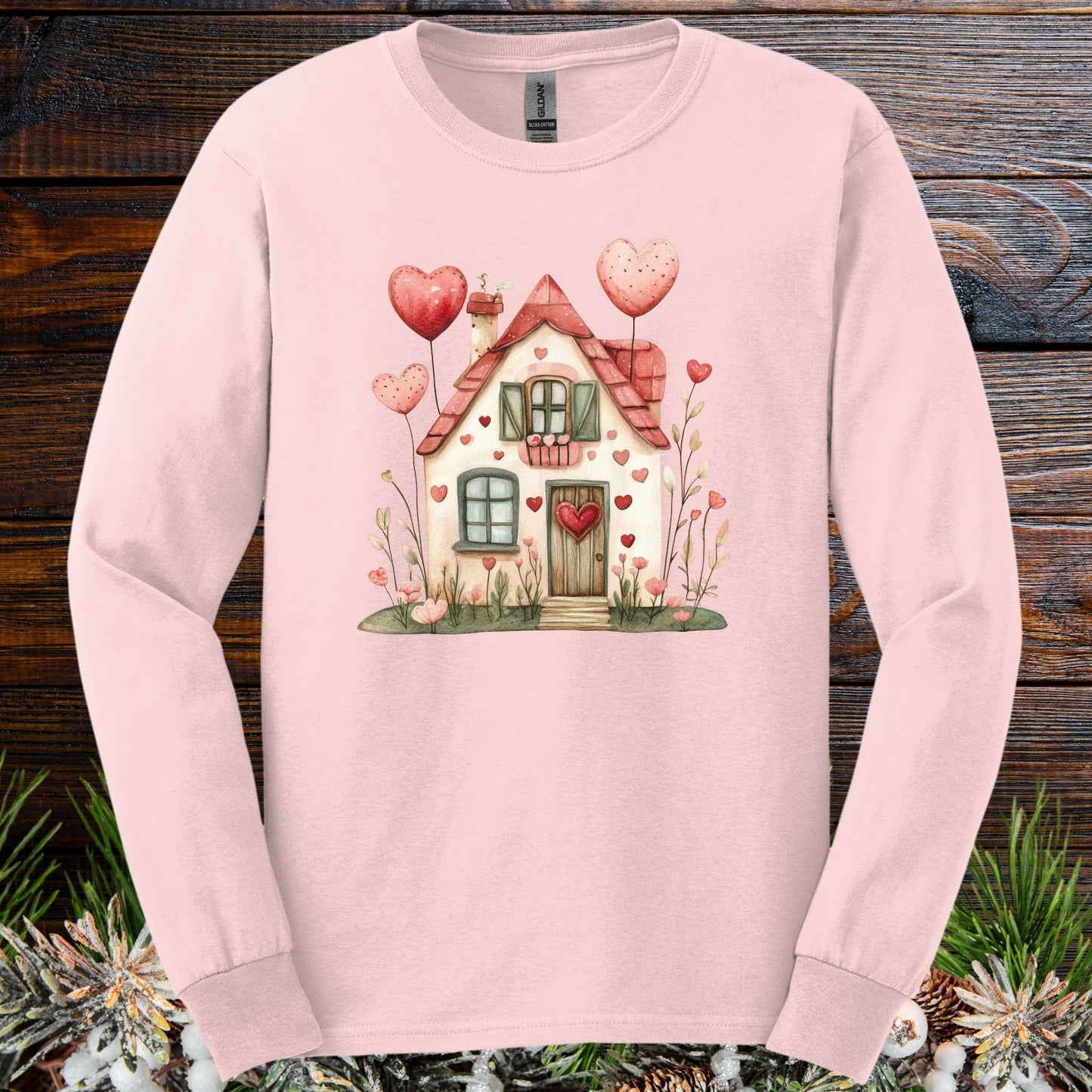 Sweet Pink and Green Valentine's Cottage Long Sleeve Tee