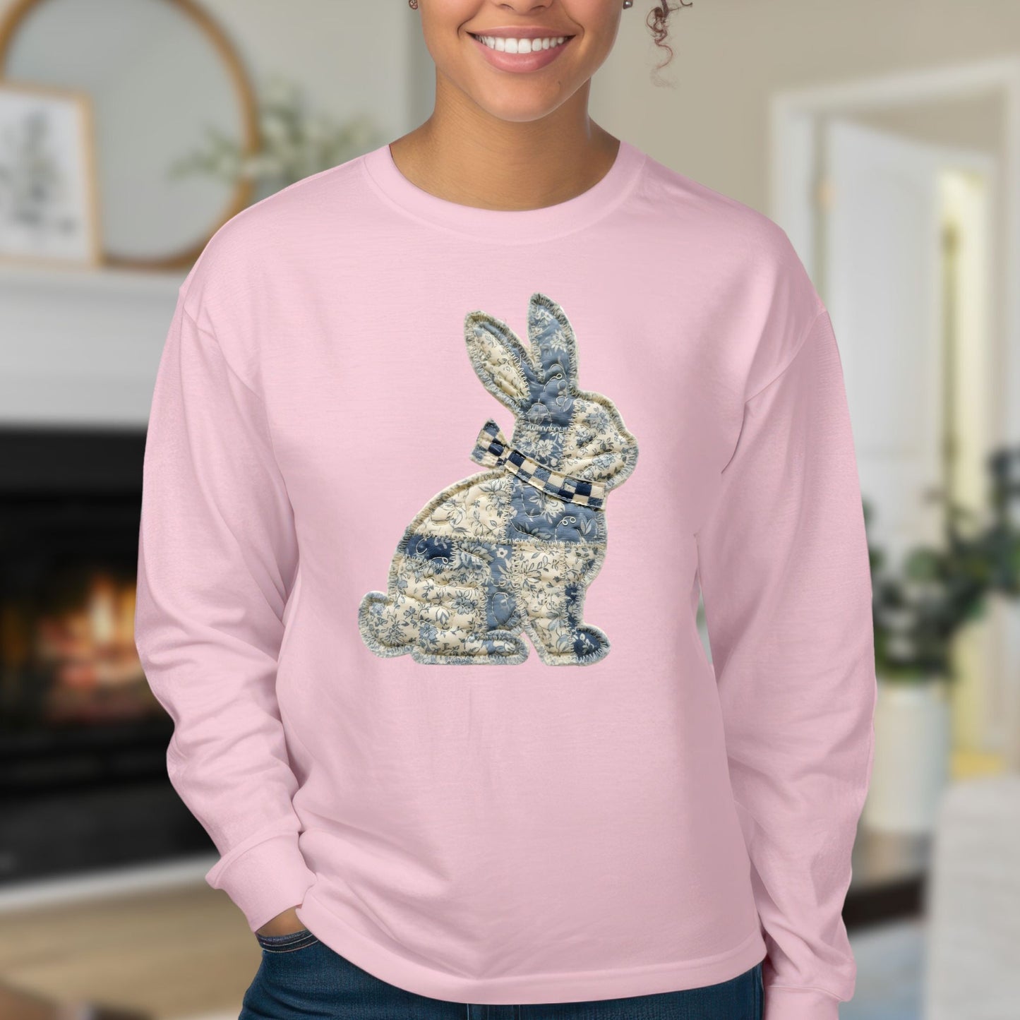 Faux Patchwork Country Bunny Long Sleeve Tee