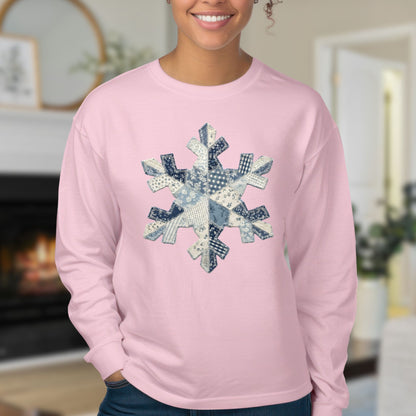Faux Patchwork Country Snowflake Long Sleeve Tee