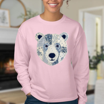 Faux Patchwork Country Winter Bear Long Sleeve Tee