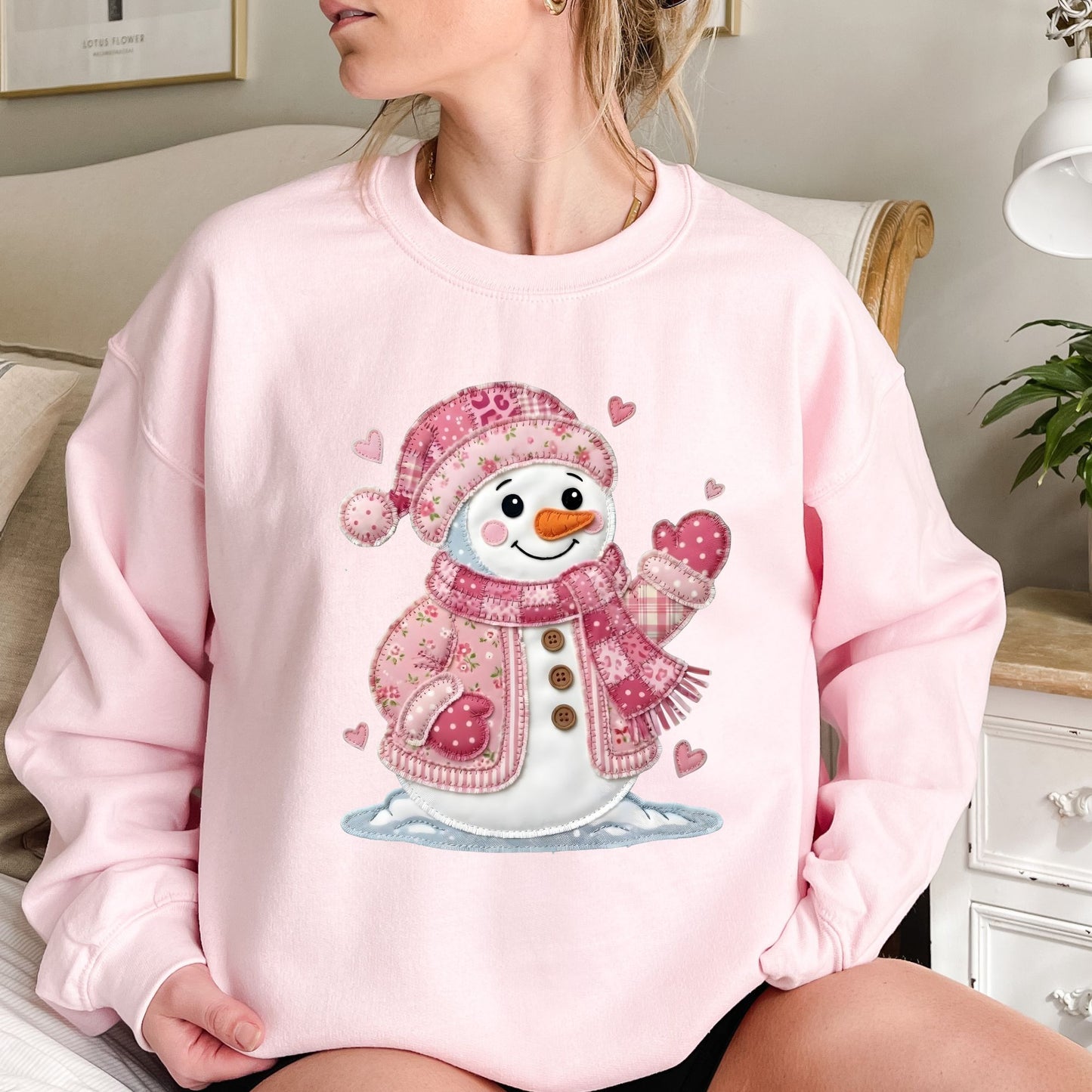 Pink Faux Patchwork Valentine's Snowman Sweatshirt