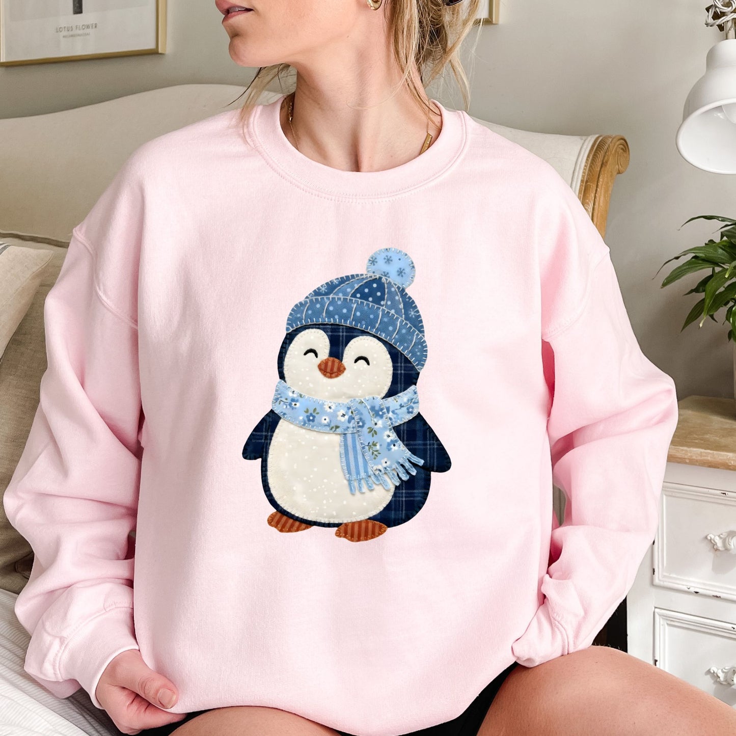 Cute Faux Patchwork Winter Penguin Sweatshirt