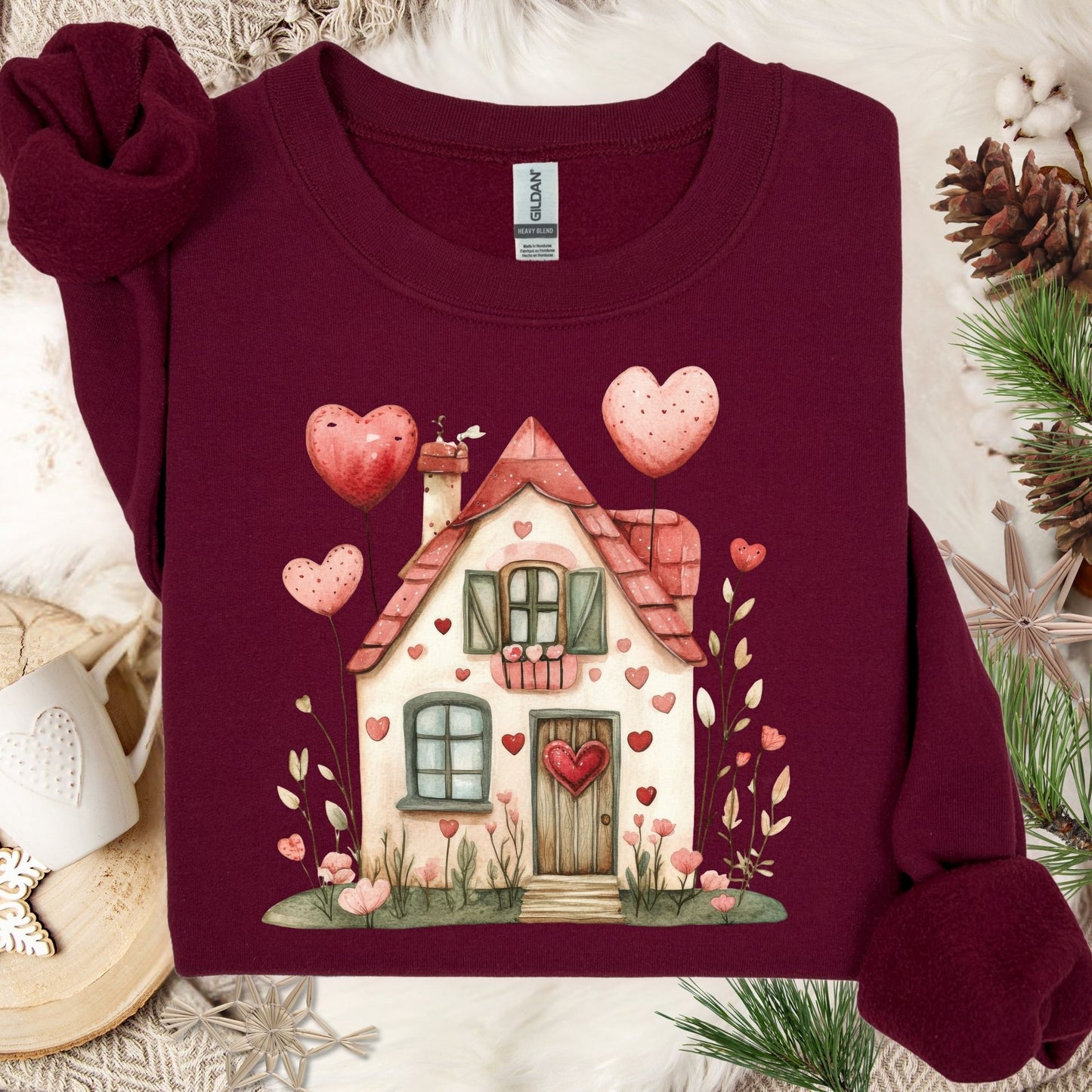 Sweet Pink and Green Valentine's Cottage Sweatshirt