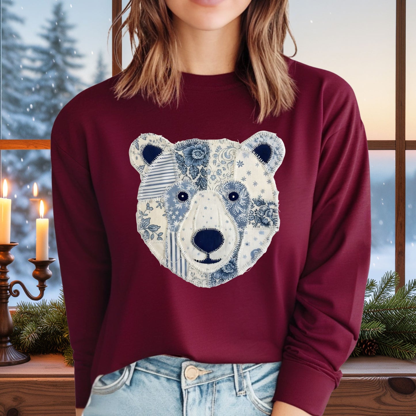Faux Patchwork Country Winter Bear Long Sleeve Tee