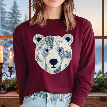 Faux Patchwork Country Winter Bear Long Sleeve Tee