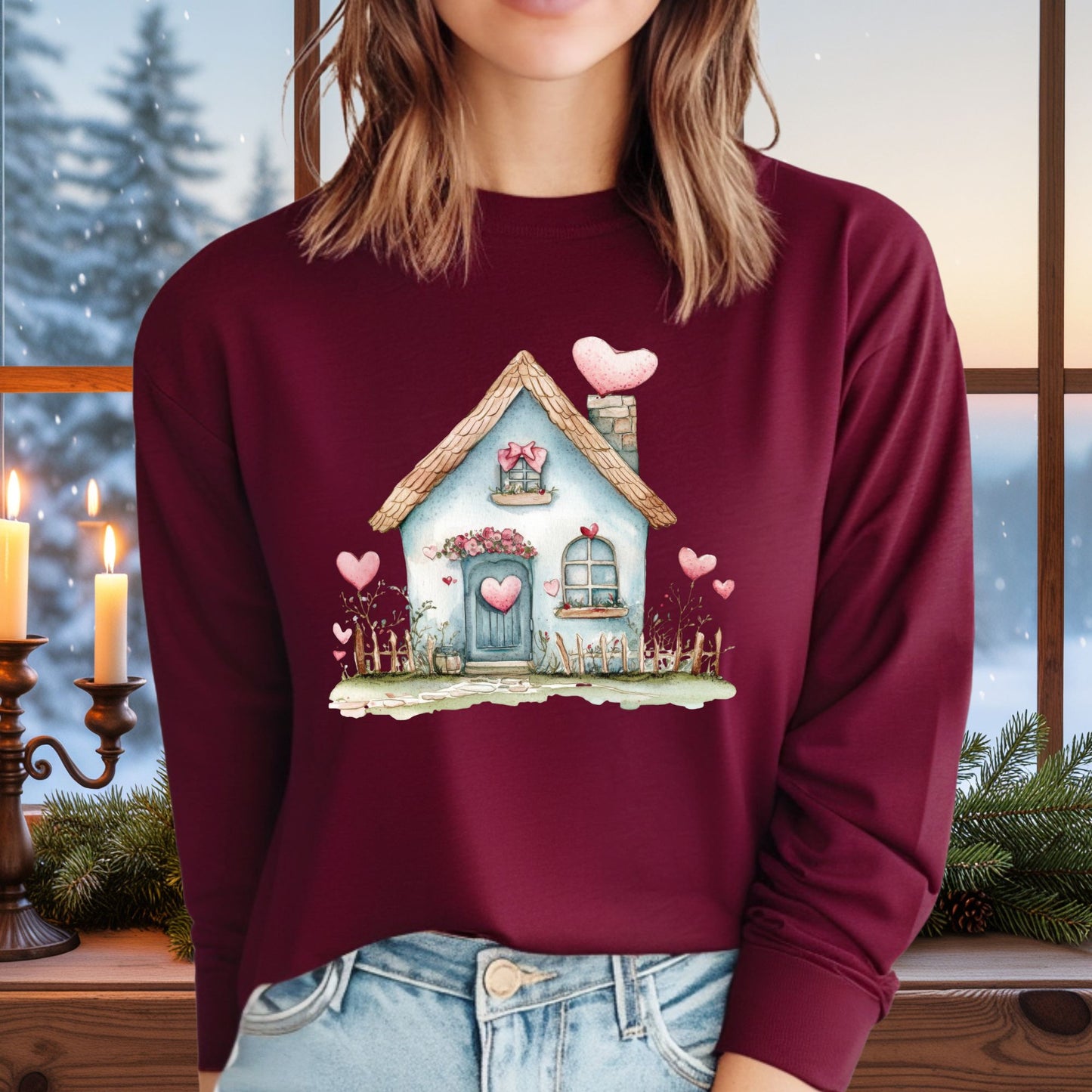 Cute Blue Valentine's Cottage Long Sleeve Tee