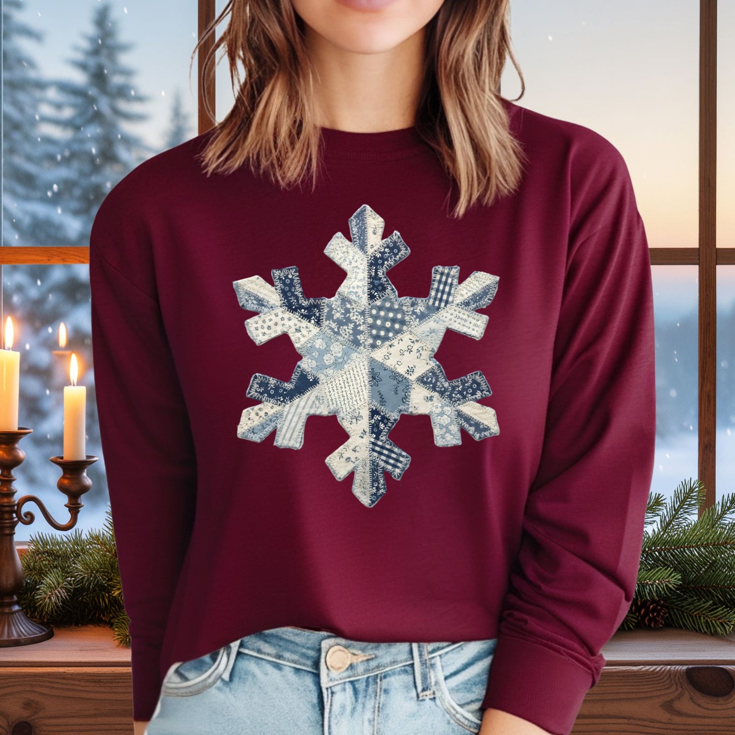 Faux Patchwork Country Snowflake Long Sleeve Tee