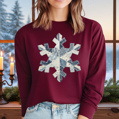 Faux Patchwork Country Snowflake Long Sleeve Tee