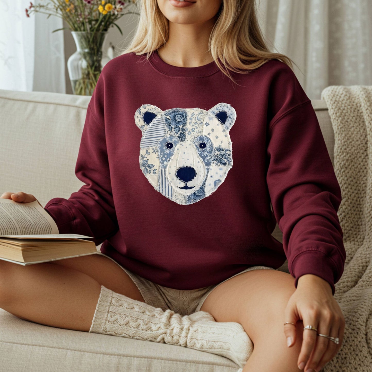 Faux Patchwork Country Winter Bear Sweatshirt