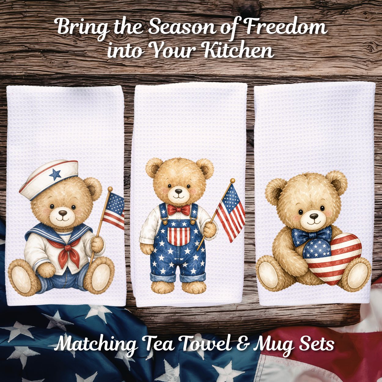 Patriotic Teddy Bear with American Flag Heart Tea Towel