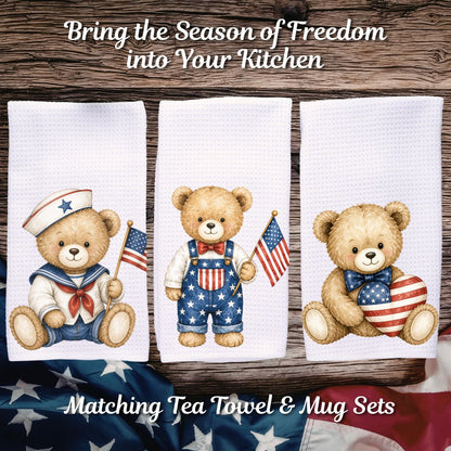 Patriotic Teddy Bear with American Flag Heart Tea Towel