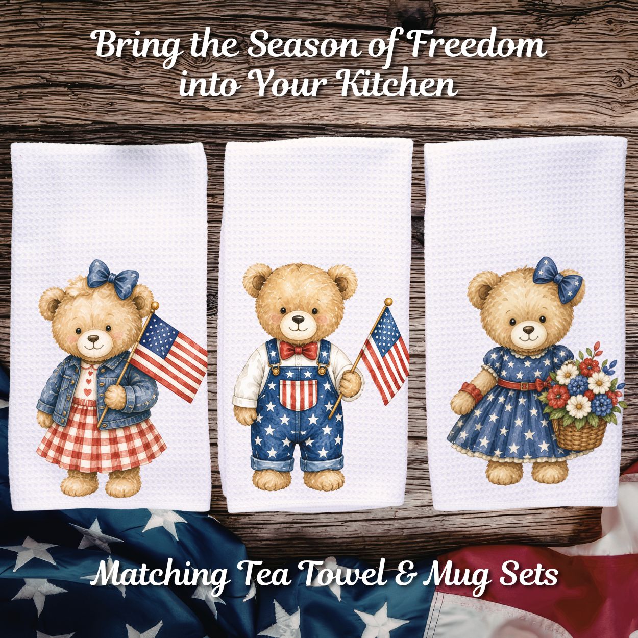 Patriotic Teddy Bear with Gingham Dress Tea Towel