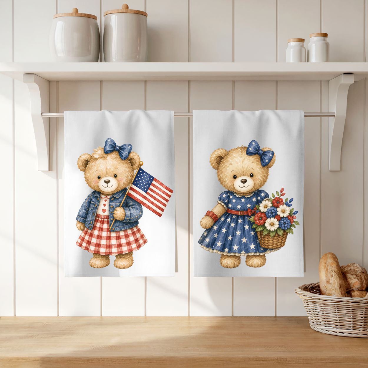 Patriotic Teddy Bear with Gingham Dress Tea Towel