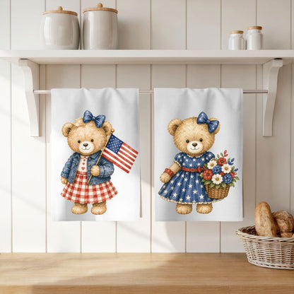Patriotic Teddy Bear with Gingham Dress Tea Towel