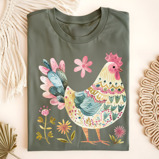 Folk Art Chicken and Flowers T-Shirt