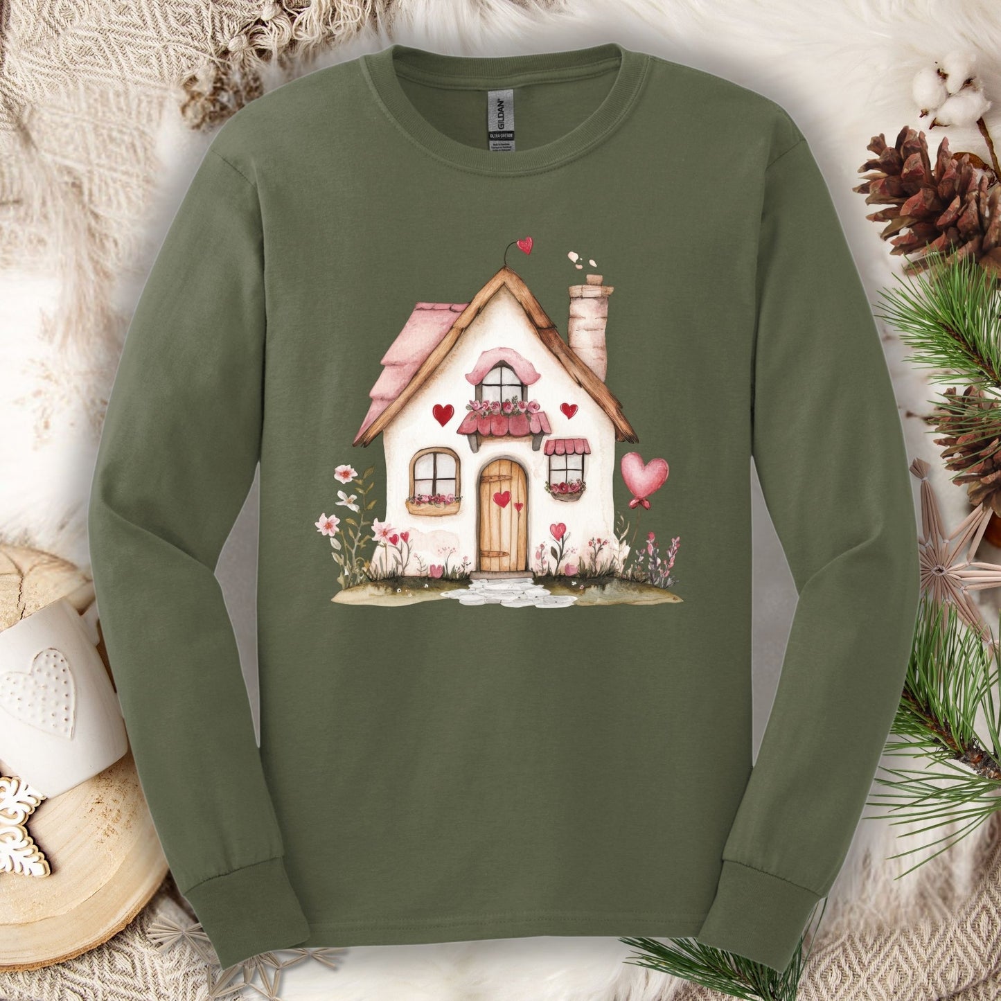 Cute Pink Valentine's Cottage Long Sleeve Tee