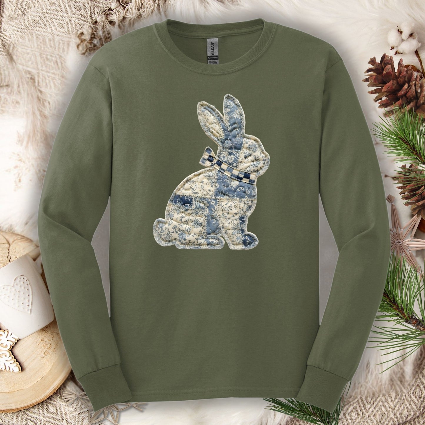 Faux Patchwork Country Bunny Long Sleeve Tee