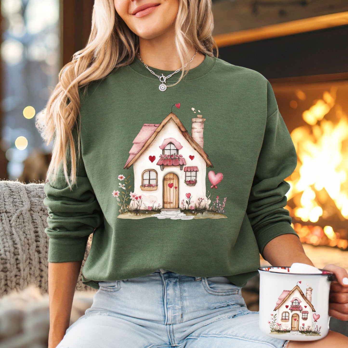 Cute Pink Valentine's Cottage Sweatshirt