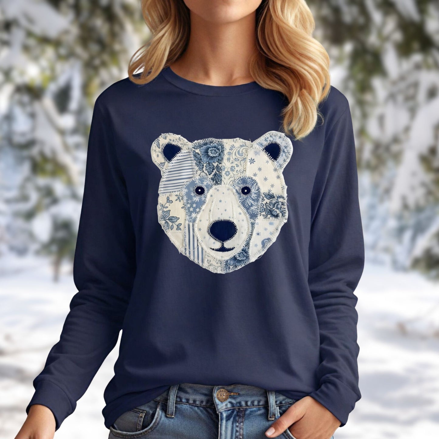 Faux Patchwork Country Winter Bear Long Sleeve Tee