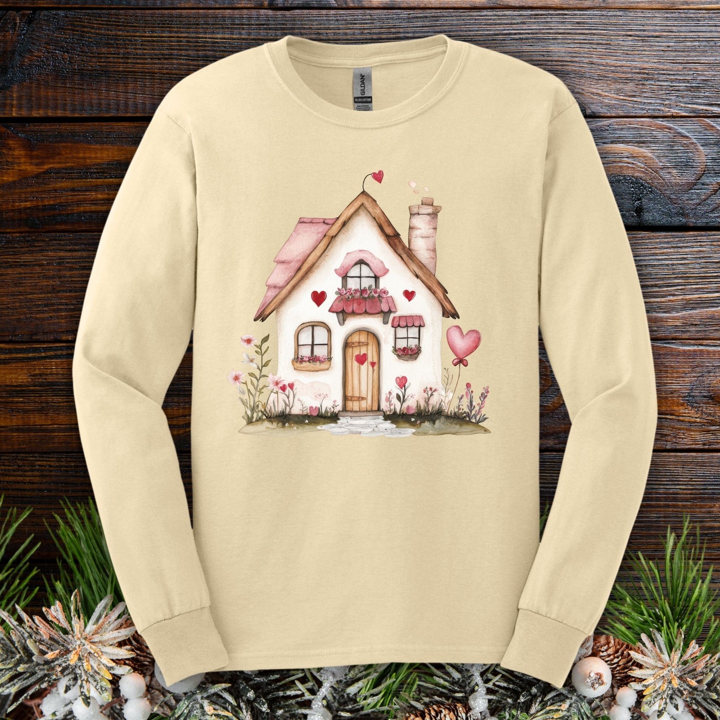 Cute Pink Valentine's Cottage Long Sleeve Tee