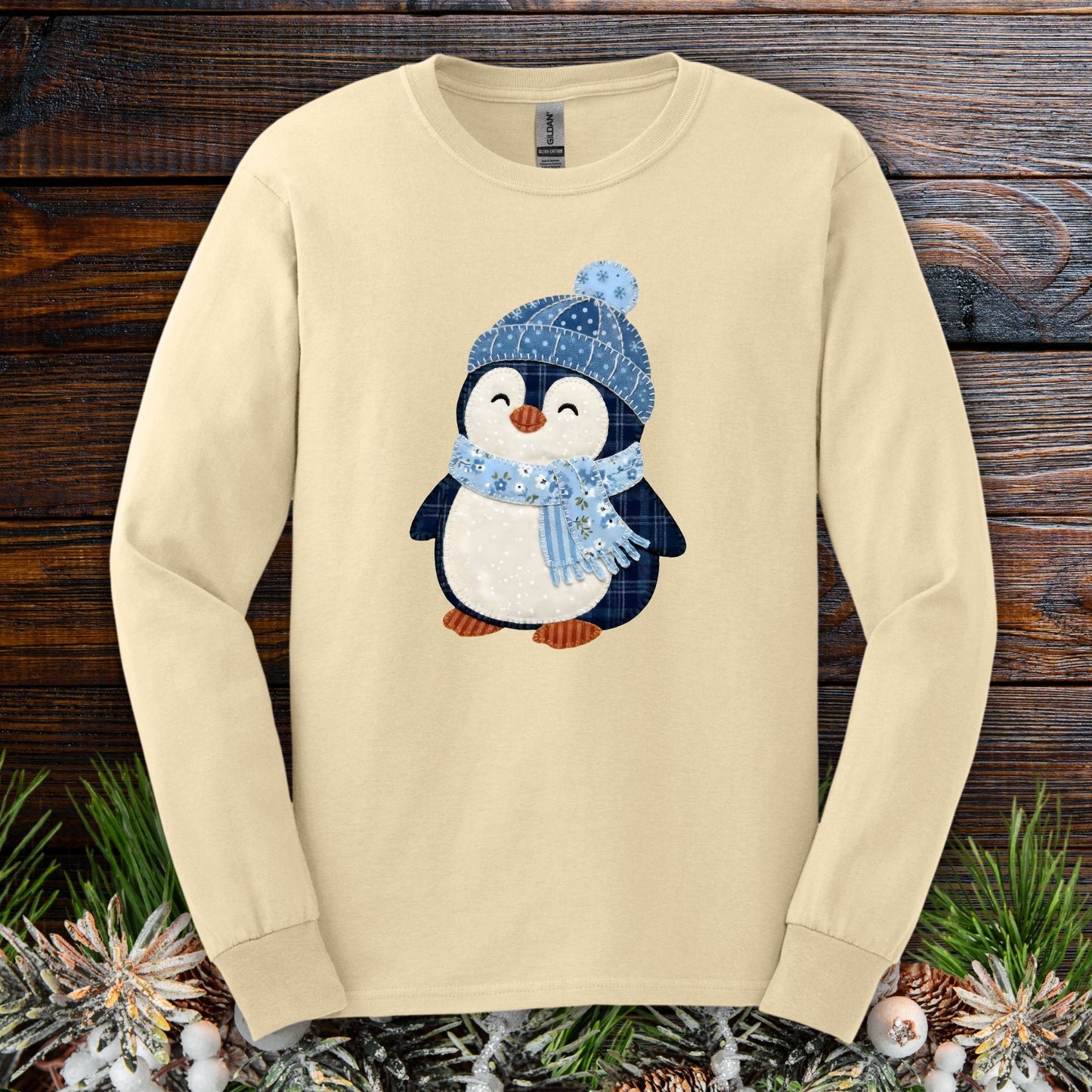 Cute Faux Patchwork Winter Penguin Long Sleeve Tee