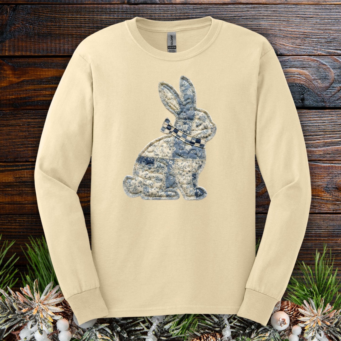 Faux Patchwork Country Bunny Long Sleeve Tee