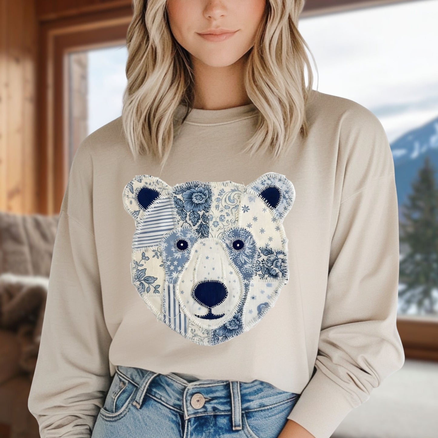 Faux Patchwork Country Winter Bear Long Sleeve Tee