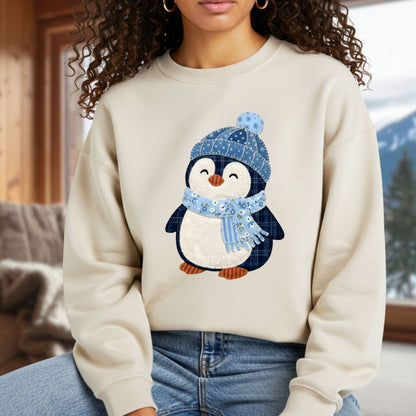Cute Faux Patchwork Winter Penguin Sweatshirt