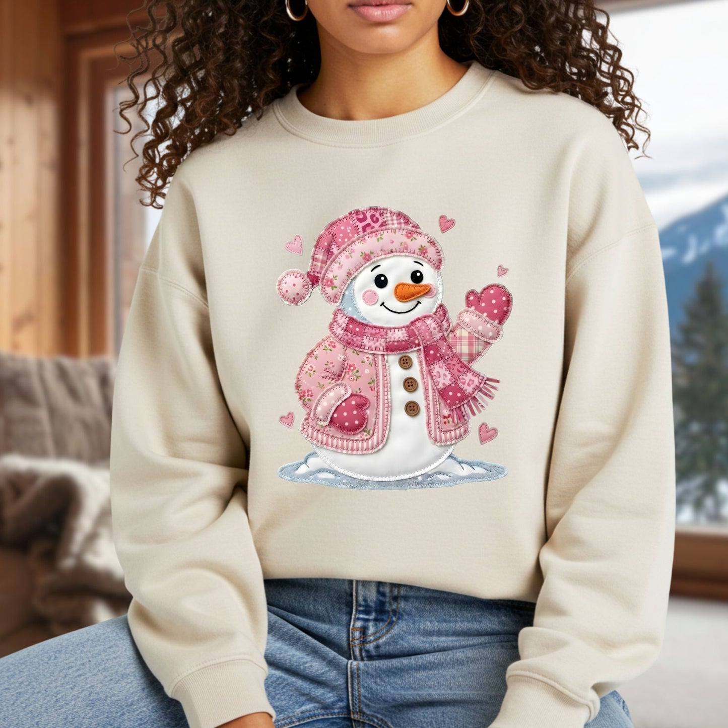 Pink Faux Patchwork Valentine's Snowman Sweatshirt