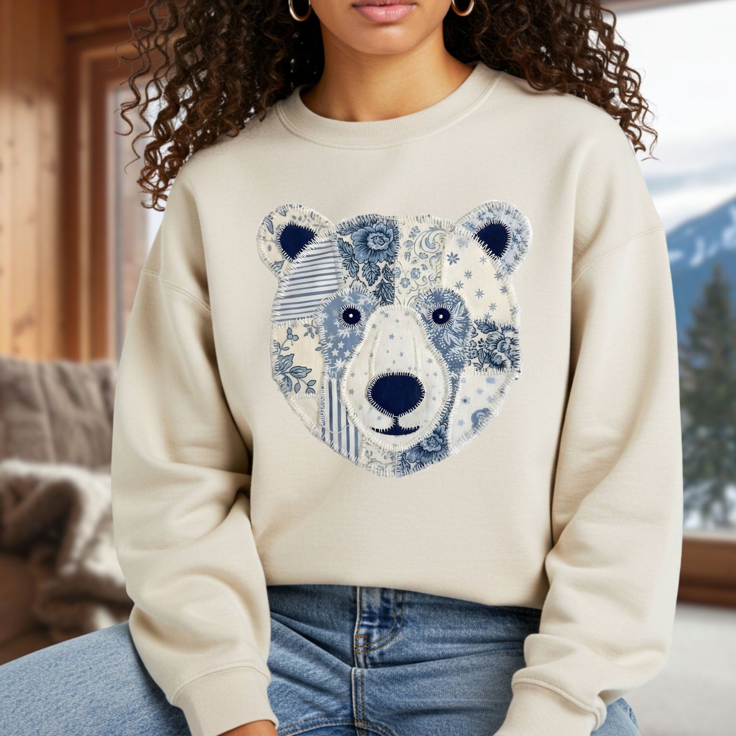 Faux Patchwork Country Winter Bear Sweatshirt