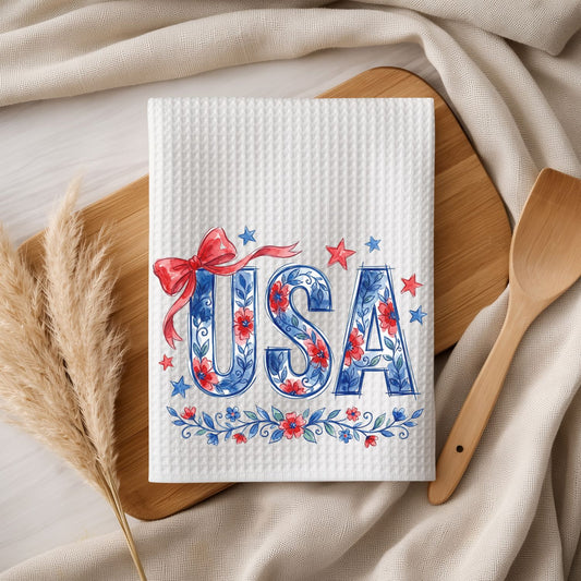 USA Floral Patriotic Bows & Stars Tea Towel