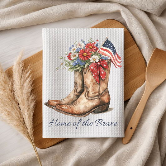 Patriotic Floral Cowboy Boots ‘Home of the Brave’ Tea Towel