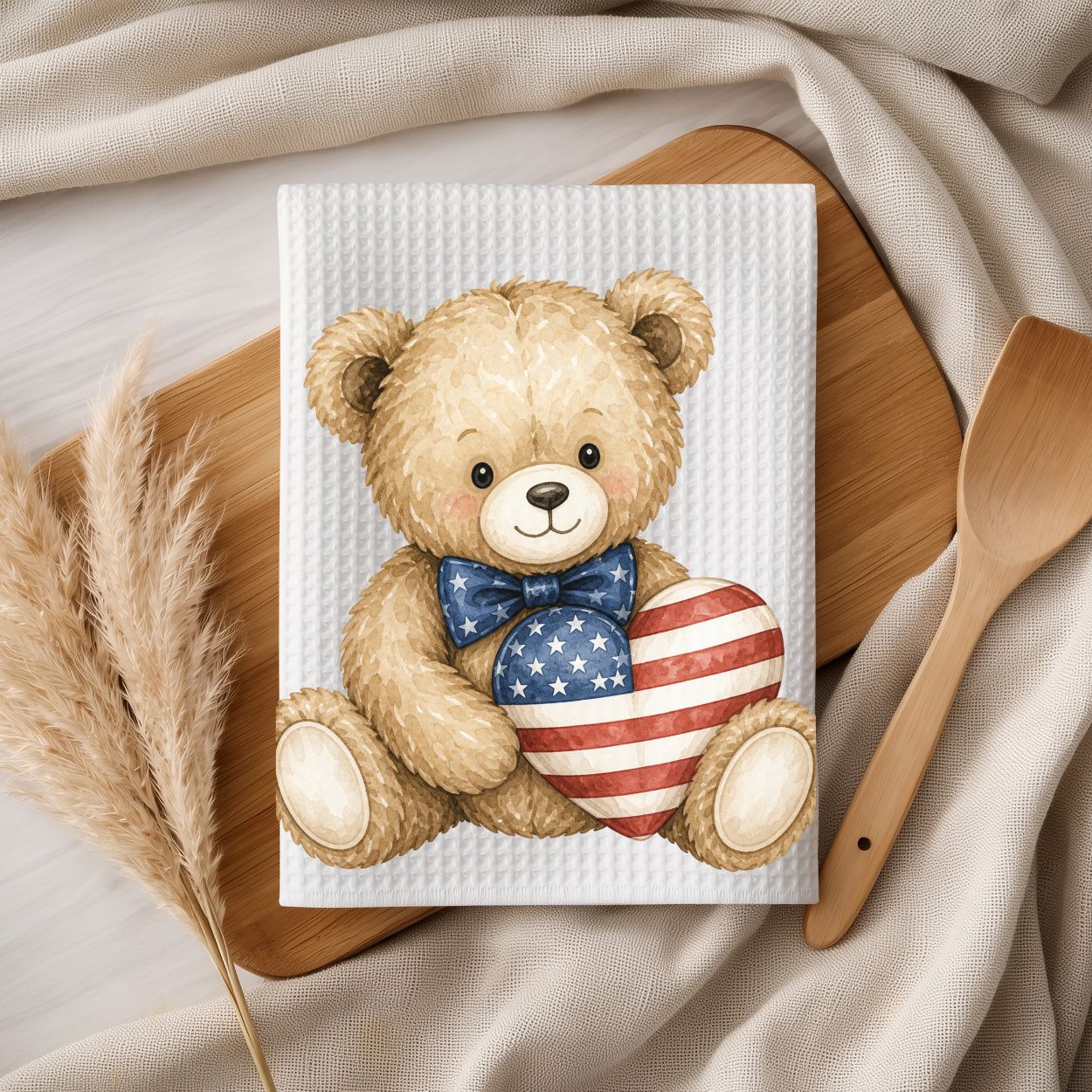 Patriotic Teddy Bear with American Flag Heart Tea Towel
