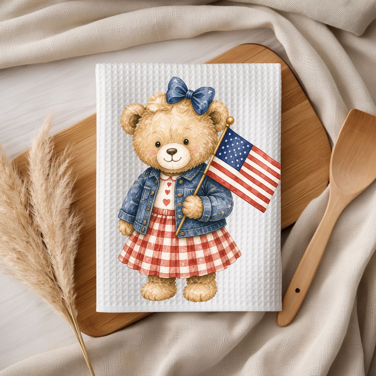 Patriotic Teddy Bear with Gingham Dress Tea Towel