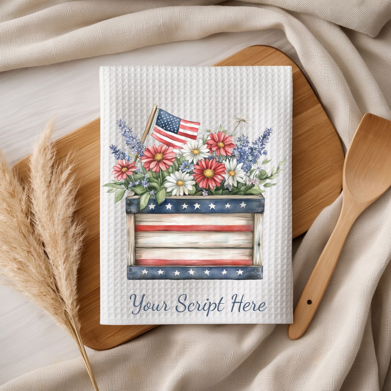 Patriotic Garden Box with Daisies Tea Towel - Personalize