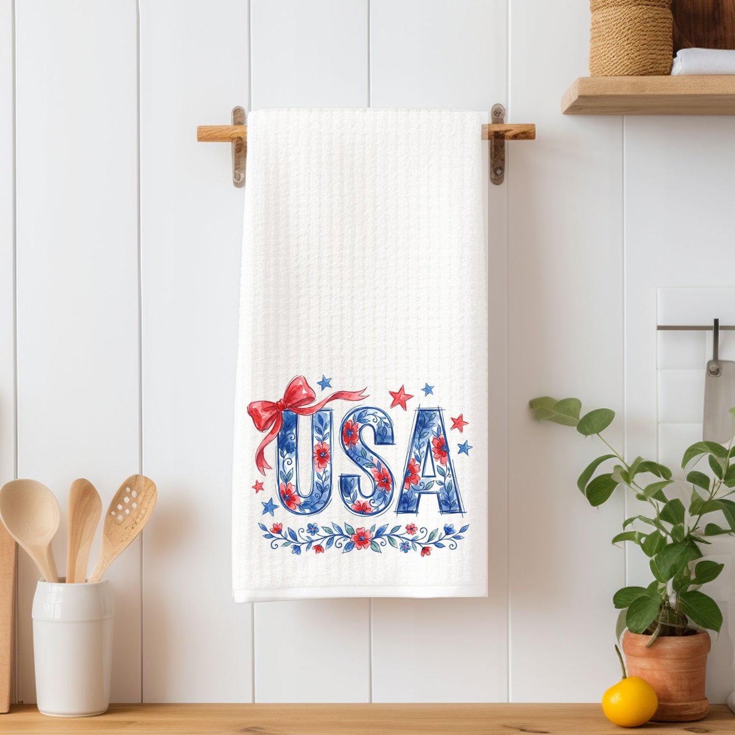 USA Floral Patriotic Bows & Stars Tea Towel